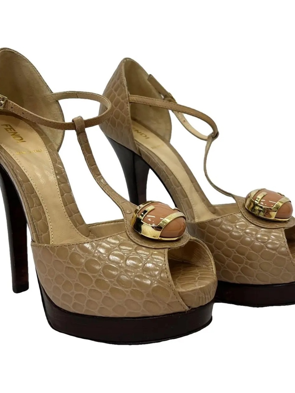 Fendi Beige Croc-Embossed T-Strap Peep-Toe Platform Heels with Gold Accent